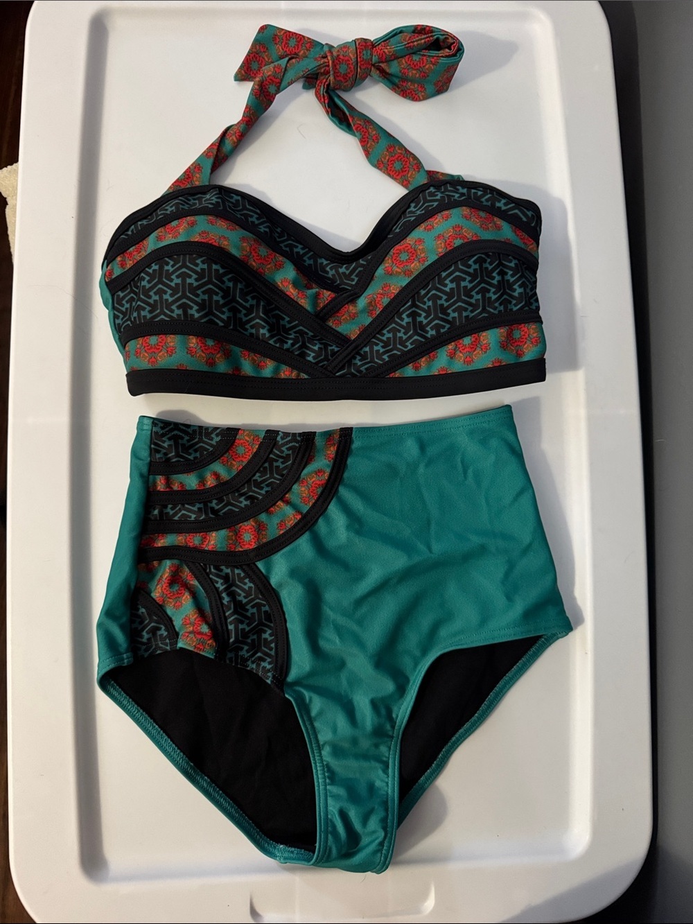 Modcloth Teal and Red Patterned High-Waist Bikini Set